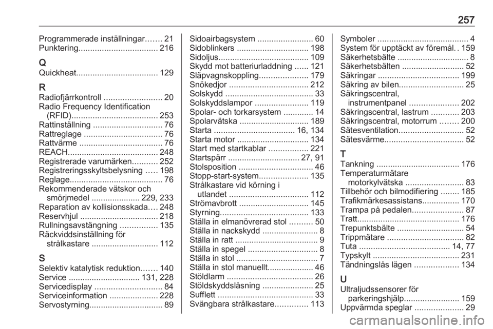 OPEL CASCADA 2018  Instruktionsbok 257Programmerade inställningar.......21
Punktering .................................. 216
Q Quickheat ................................... 129
R Radiofjärrkontroll  .........................20
Radio 