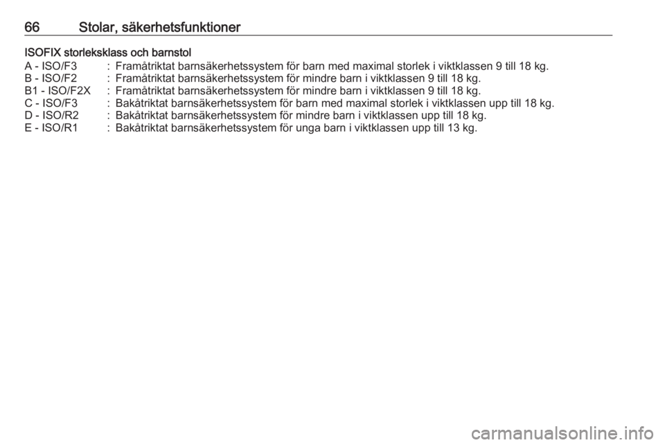 OPEL CASCADA 2018  Instruktionsbok 66Stolar, säkerhetsfunktionerISOFIX storleksklass och barnstolA - ISO/F3:Framåtriktat barnsäkerhetssystem för barn med maximal storlek i viktklassen 9 till 18 kg.B - ISO/F2:Framåtriktat barnsäke
