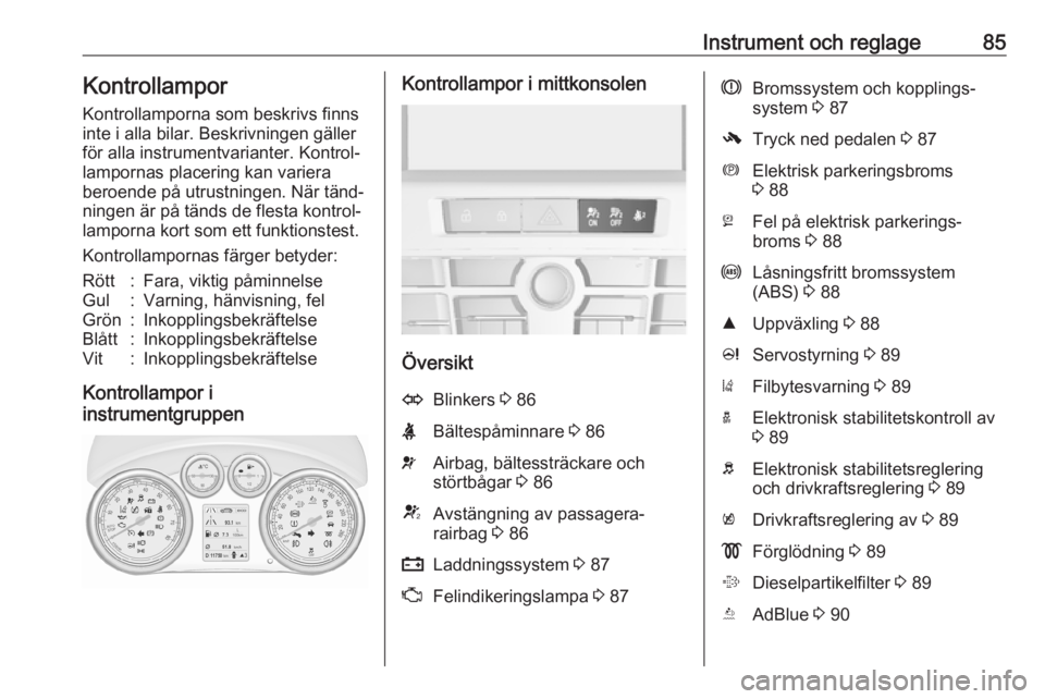 OPEL CASCADA 2018  Instruktionsbok Instrument och reglage85Kontrollampor
Kontrollamporna som beskrivs finns inte i alla bilar. Beskrivningen gäller
för alla instrumentvarianter. Kontrol‐
lampornas placering kan variera
beroende på