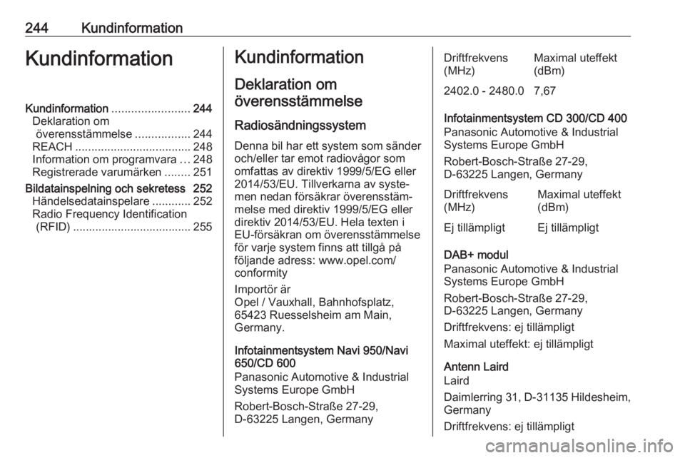 OPEL CASCADA 2018.5  Instruktionsbok 244KundinformationKundinformationKundinformation........................244
Deklaration om överensstämmelse .................244
REACH .................................... 248
Information om program