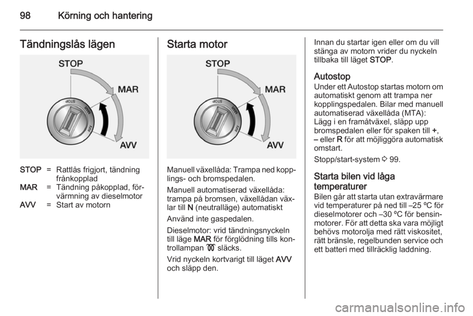 OPEL COMBO 2014 Instruktionsbok 98Körning och hanteringTändningslås lägenSTOP=Rattlås frigjort, tändning
frånkoppladMAR=Tändning påkopplad, för‐
värmning av dieselmotorAVV=Start av motornStarta motor
Manuell växellåda OPEL COMBO 2014 Instruktionsbok 98Körning och hanteringTändningslås lägenSTOP=Rattlås frigjort, tändning
frånkoppladMAR=Tändning påkopplad, för‐
värmning av dieselmotorAVV=Start av motornStarta motor
Manuell växellåda