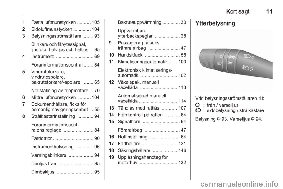 OPEL COMBO 2016  Instruktionsbok Kort sagt111Fasta luftmunstycken ..........105
2 Sidoluftmunstycken .............104
3 Belysningsströmställare  .......93
Blinkers och filbytessignal,
ljustuta, halvljus och helljus  . 95
4 Instrume