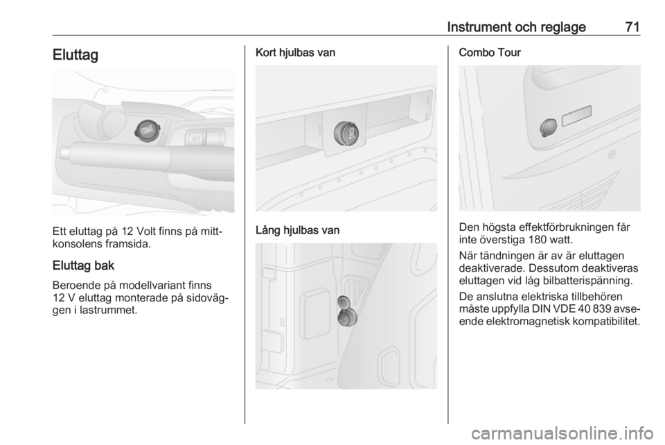 OPEL COMBO 2017  Instruktionsbok Instrument och reglage71Eluttag
Ett eluttag på 12 Volt finns på mitt‐
konsolens framsida.
Eluttag bak
Beroende på modellvariant finns
12 V eluttag monterade på sidoväg‐
gen i lastrummet.
Kort