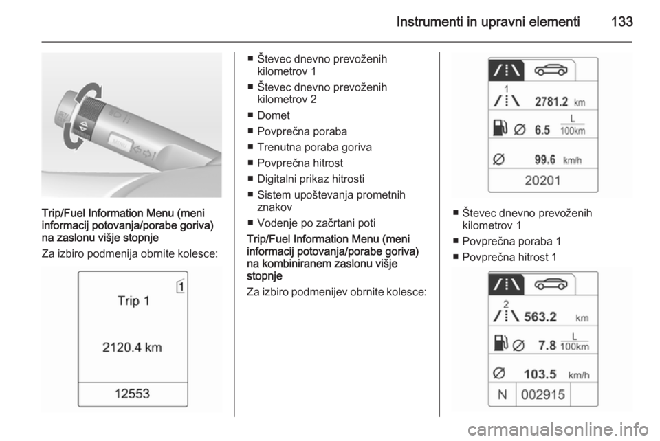 OPEL ASTRA J 2014.5 Uporabniški priročnik Instrumenti in upravni elementi133
Trip/Fuel Information Menu (meni
informacij potovanja/porabe goriva)
na zaslonu višje stopnje
Za izbiro podmenija obrnite kolesce:
■ Števec dnevno prevoženih ki OPEL ASTRA J 2014.5 Uporabniški priročnik Instrumenti in upravni elementi133
Trip/Fuel Information Menu (meni
informacij potovanja/porabe goriva)
na zaslonu višje stopnje
Za izbiro podmenija obrnite kolesce:
■ Števec dnevno prevoženih ki