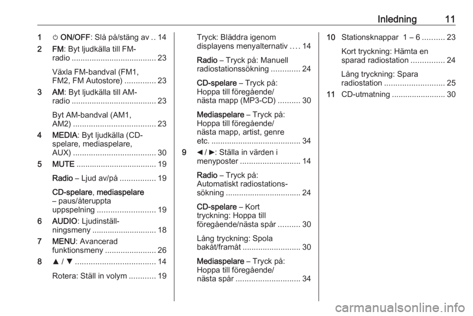 OPEL COMBO D 2018  Handbok för infotainmentsystem Inledning111m ON/OFF : Slå på/stäng av ..14
2 FM : Byt ljudkälla till FM-
radio ...................................... 23
Växla FM-bandval (FM1,
FM2, FM Autostore) ..............23
3 AM : Byt lju