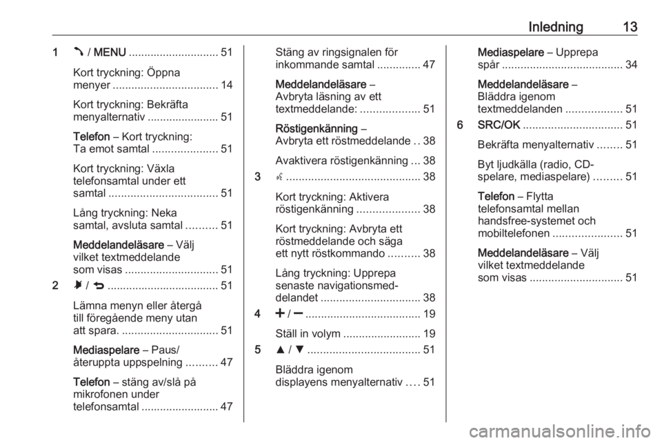 OPEL COMBO D 2018  Handbok för infotainmentsystem Inledning131Â / MENU ............................. 51
Kort tryckning: Öppna
menyer .................................. 14
Kort tryckning: Bekräfta
menyalternativ ....................... 51
Telefon  