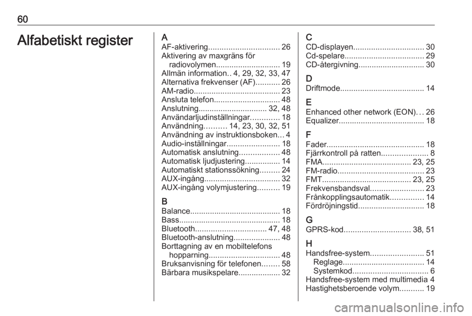 OPEL COMBO D 2018 Handbok för infotainmentsystem 60Alfabetiskt registerAAF-aktivering ................................ 26
Aktivering av maxgräns för radiovolymen ............................. 19
Allmän information ..4, 29, 32, 33, 47
Alternativa OPEL COMBO D 2018 Handbok för infotainmentsystem 60Alfabetiskt registerAAF-aktivering ................................ 26
Aktivering av maxgräns för radiovolymen ............................. 19
Allmän information ..4, 29, 32, 33, 47
Alternativa