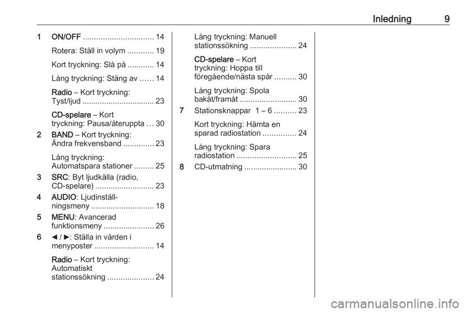OPEL COMBO D 2018  Handbok för infotainmentsystem Inledning91 ON/OFF................................ 14
Rotera: Ställ in volym ............19
Kort tryckning: Slå på ............14
Lång tryckning: Stäng av ......14
Radio  – Kort tryckning:
Tyst