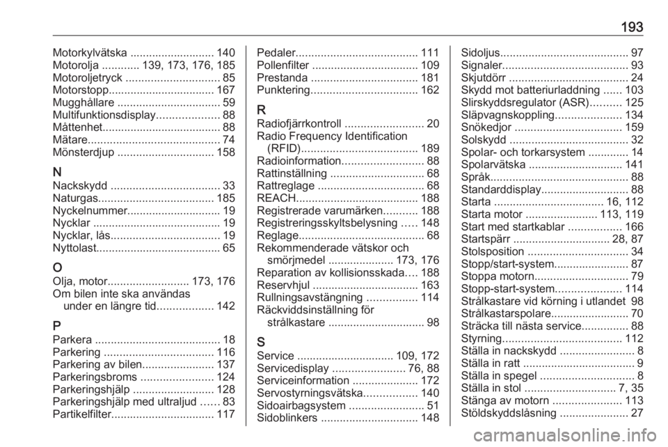 OPEL COMBO D 2018  Instruktionsbok 193Motorkylvätska ........................... 140
Motorolja  ............139, 173, 176, 185
Motoroljetryck  .............................. 85
Motorstopp.................................. 167 Mugghål