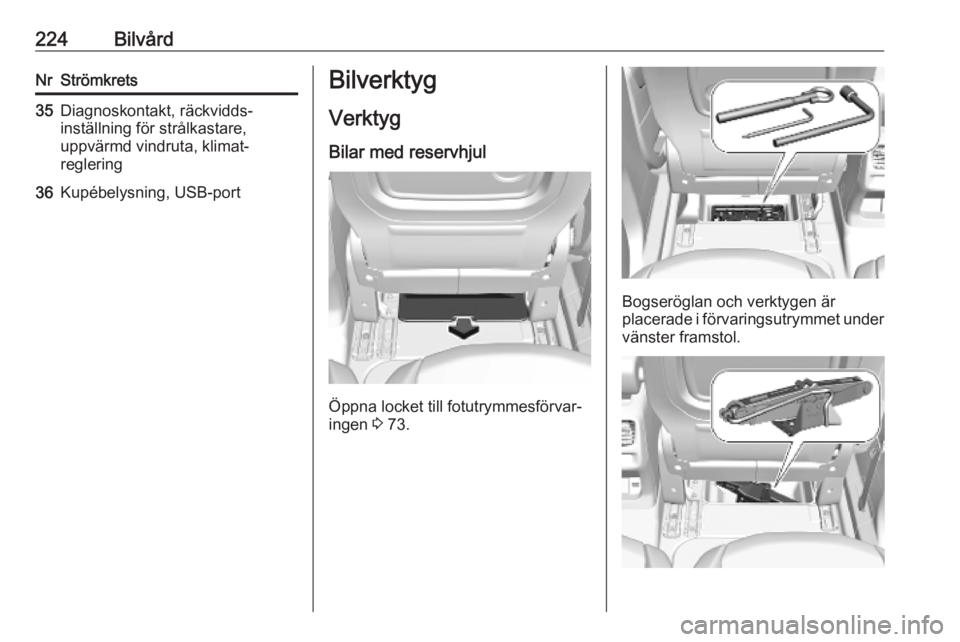 OPEL COMBO E 2019  Instruktionsbok 224BilvårdNrStrömkrets35Diagnoskontakt, räckvidds‐
inställning för strålkastare,
uppvärmd vindruta, klimat‐
reglering36Kupébelysning, USB-portBilverktyg
Verktyg
Bilar med reservhjul
Öppna