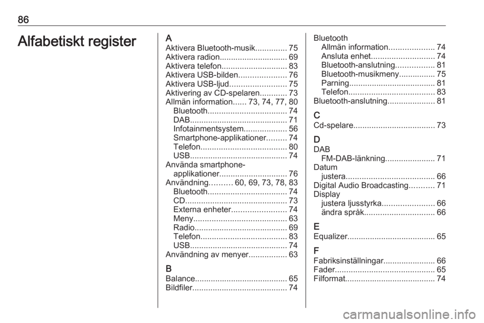 OPEL COMBO E 2019.1 Handbok för infotainmentsystem 86Alfabetiskt registerAAktivera Bluetooth-musik ..............75
Aktivera radion.............................. 69
Aktivera telefon ............................. 83
Aktivera USB-bilden ................ OPEL COMBO E 2019.1 Handbok för infotainmentsystem 86Alfabetiskt registerAAktivera Bluetooth-musik ..............75
Aktivera radion.............................. 69
Aktivera telefon ............................. 83
Aktivera USB-bilden ................
