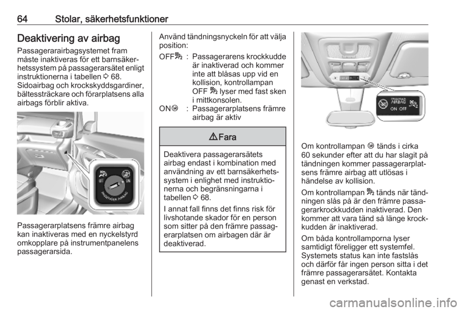 OPEL COMBO E 2019.1 Instruktionsbok 64Stolar, säkerhetsfunktionerDeaktivering av airbag
Passagerarairbagsystemet fram
måste inaktiveras för ett barnsäker‐
hetssystem på passagerarsätet enligt instruktionerna i tabellen 3 68.
Si OPEL COMBO E 2019.1 Instruktionsbok 64Stolar, säkerhetsfunktionerDeaktivering av airbag
Passagerarairbagsystemet fram
måste inaktiveras för ett barnsäker‐
hetssystem på passagerarsätet enligt instruktionerna i tabellen 3 68.
Si
