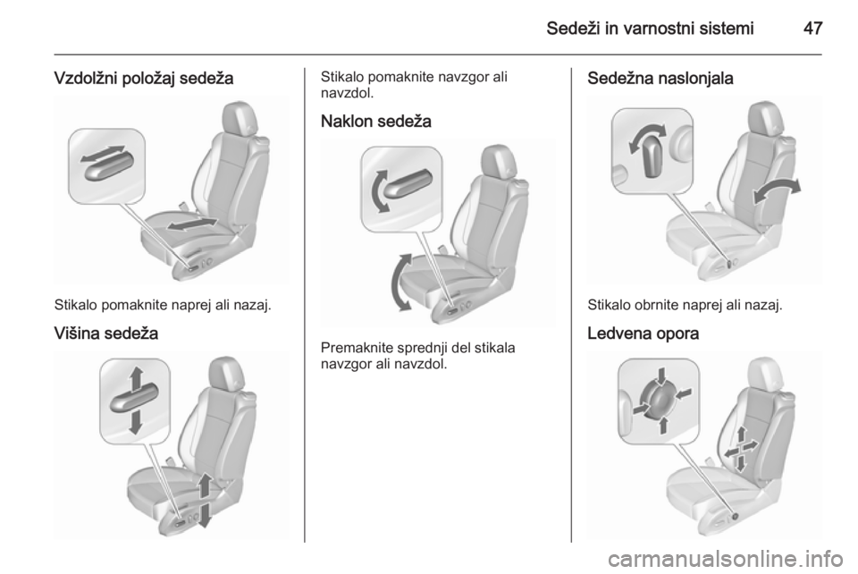 OPEL ASTRA J 2015.75  Uporabniški priročnik Sedeži in varnostni sistemi47
Vzdolžni položaj sedeža
Stikalo pomaknite naprej ali nazaj.Višina sedeža
Stikalo pomaknite navzgor ali
navzdol.
Naklon sedeža
Premaknite sprednji del stikala
navzg
