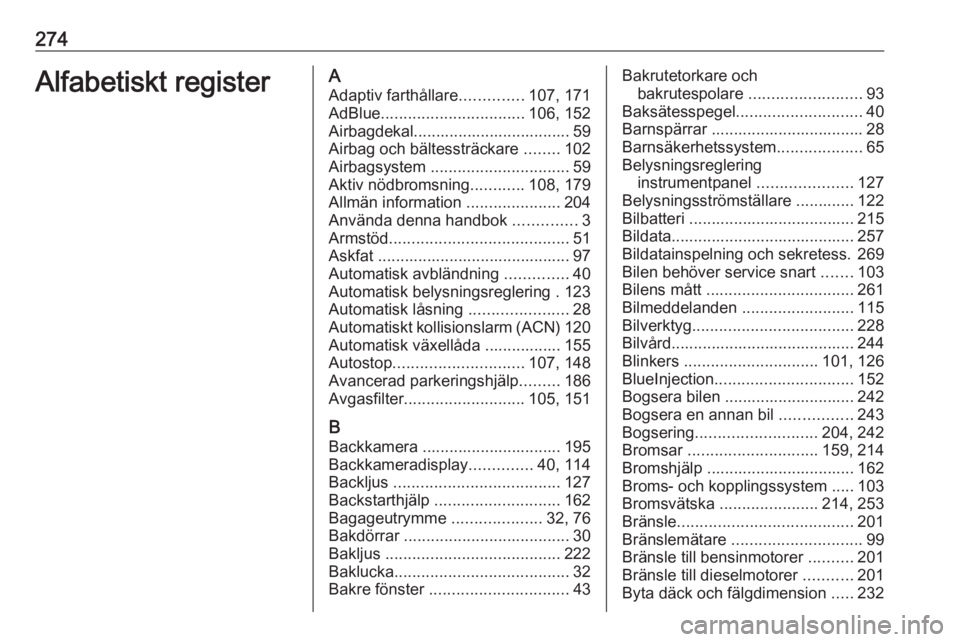 OPEL COMBO E 2019.75 Instruktionsbok 274Alfabetiskt registerAAdaptiv farthållare ..............107, 171
AdBlue ................................ 106, 152
Airbagdekal................................... 59
Airbag och bältessträckare ... OPEL COMBO E 2019.75 Instruktionsbok 274Alfabetiskt registerAAdaptiv farthållare ..............107, 171
AdBlue ................................ 106, 152
Airbagdekal................................... 59
Airbag och bältessträckare ...