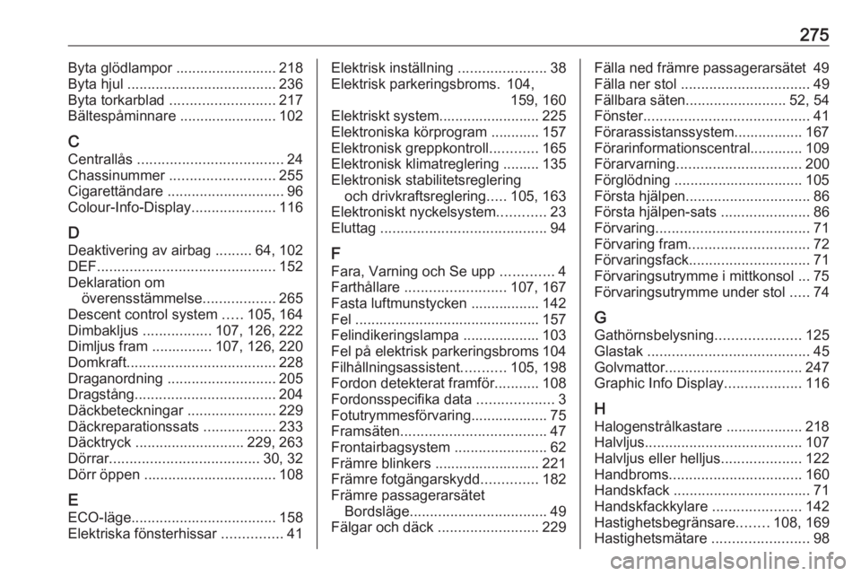 OPEL COMBO E 2019.75 Instruktionsbok 275Byta glödlampor ......................... 218
Byta hjul ..................................... 236
Byta torkarblad .......................... 217
Bältespåminnare ........................ 102
C
OPEL COMBO E 2019.75 Instruktionsbok 275Byta glödlampor ......................... 218
Byta hjul ..................................... 236
Byta torkarblad .......................... 217
Bältespåminnare ........................ 102
C