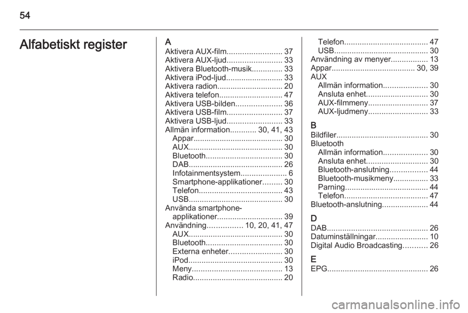 OPEL KARL 2016.5 Handbok för infotainmentsystem 54Alfabetiskt registerAAktivera AUX-film .........................37
Aktivera AUX-ljud .........................33
Aktivera Bluetooth-musik ..............33
Aktivera iPod-ljud......................... OPEL KARL 2016.5 Handbok för infotainmentsystem 54Alfabetiskt registerAAktivera AUX-film .........................37
Aktivera AUX-ljud .........................33
Aktivera Bluetooth-musik ..............33
Aktivera iPod-ljud.........................