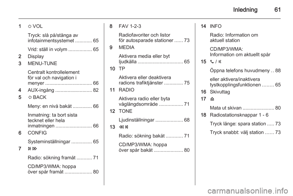 OPEL KARL 2016.5 Handbok för infotainmentsystem Inledning61
1m VOL
Tryck: slå på/stänga av
infotainmentsystemet ............65
Vrid: ställ in volym .................65
2 Display
3 MENU-TUNE
Centralt kontrollelement
för val och navigation i
men OPEL KARL 2016.5 Handbok för infotainmentsystem Inledning61
1m VOL
Tryck: slå på/stänga av
infotainmentsystemet ............65
Vrid: ställ in volym .................65
2 Display
3 MENU-TUNE
Centralt kontrollelement
för val och navigation i
men