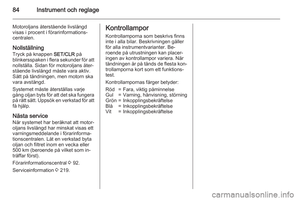 OPEL CORSA 2015.5  Instruktionsbok 84Instrument och reglage
Motoroljans återstående livslängd
visas i procent i förarinformations‐
centralen.
Nollställning
Tryck på knappen  SET/CLR på
blinkersspaken i flera sekunder för att 