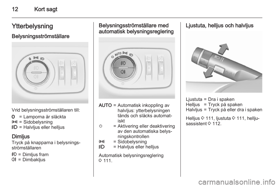 OPEL CORSA 2015.75  Instruktionsbok 12Kort sagtYtterbelysning
Belysningsströmställare
Vrid belysningsströmställaren till:
7=Lamporna är släckta8=Sidobelysning9=Halvljus eller helljus
Dimljus Tryck på knapparna i belysnings‐str�