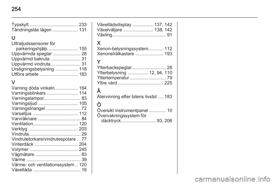 OPEL CORSA 2015.75  Instruktionsbok 254
Typskylt ..................................... 233
Tändningslås lägen  ...................131
U Ultraljudssensorer för parkeringshjälp ........................ 155
Uppvärmda speglar  .......