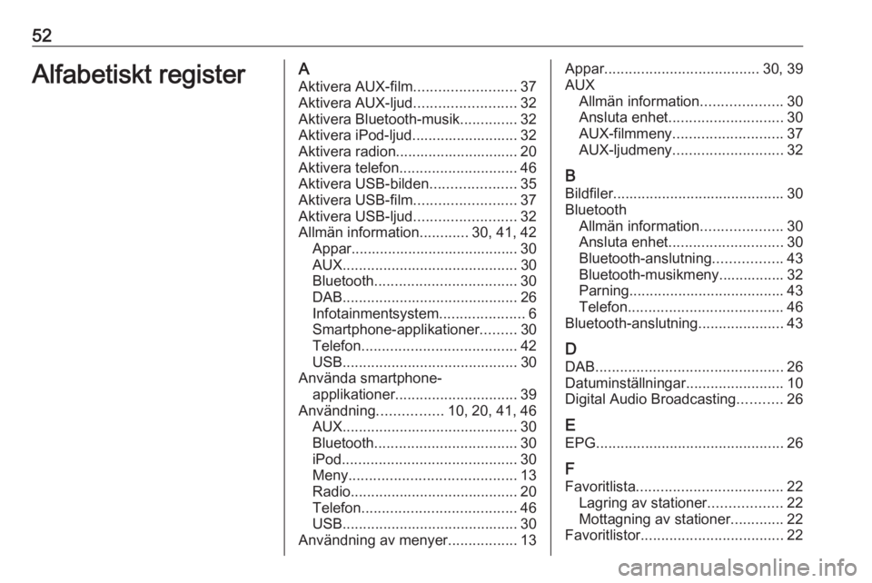 OPEL CORSA 2016  Handbok för infotainmentsystem 52Alfabetiskt registerAAktivera AUX-film .........................37
Aktivera AUX-ljud .........................32
Aktivera Bluetooth-musik ..............32
Aktivera iPod-ljud.........................