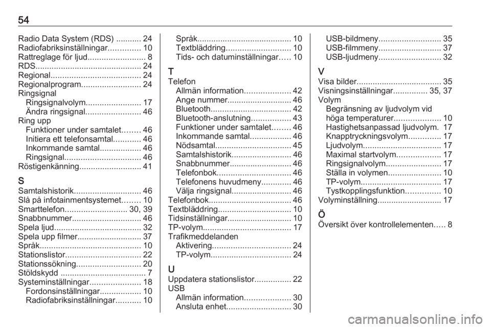 OPEL CORSA 2016  Handbok för infotainmentsystem 54Radio Data System (RDS) ........... 24
Radiofabriksinställningar ..............10
Rattreglage för ljud .........................8
RDS .............................................. 24
Regional ...