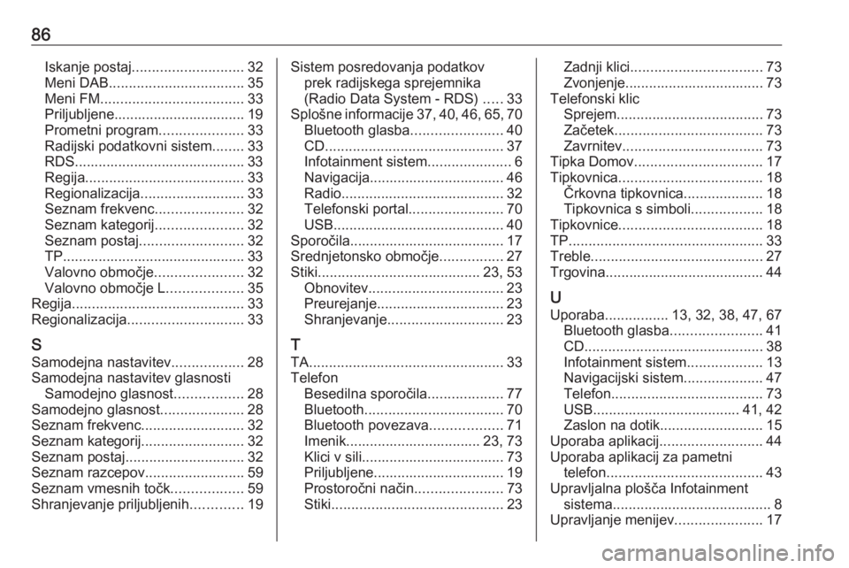 OPEL ASTRA K 2017.5  Navodila za uporabo Infotainment sistema 86Iskanje postaj............................ 32
Meni DAB .................................. 35
Meni FM .................................... 33
Priljubljene................................. 19 Prometni