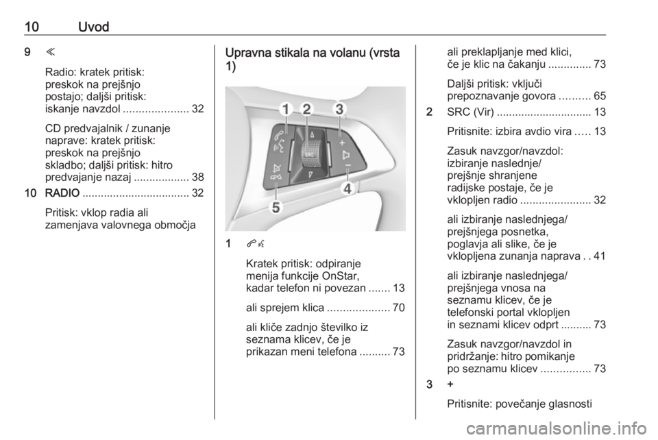 OPEL ASTRA K 2017.5  Navodila za uporabo Infotainment sistema 10Uvod9Y
Radio: kratek pritisk:
preskok na prejšnjo
postajo; daljši pritisk:
iskanje navzdol .....................32
CD predvajalnik / zunanje
naprave: kratek pritisk:
preskok na prejšnjo
skladbo; 