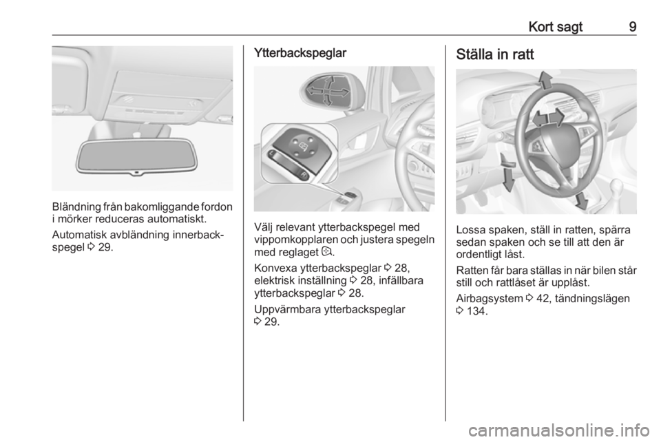 OPEL CORSA 2016 Instruktionsbok Kort sagt9
Bländning från bakomliggande fordon
i mörker reduceras automatiskt.
Automatisk avbländning innerback‐
spegel 3 29.
Ytterbackspeglar
Välj relevant ytterbackspegel med
vippomkopplaren OPEL CORSA 2016 Instruktionsbok Kort sagt9
Bländning från bakomliggande fordon
i mörker reduceras automatiskt.
Automatisk avbländning innerback‐
spegel 3 29.
Ytterbackspeglar
Välj relevant ytterbackspegel med
vippomkopplaren