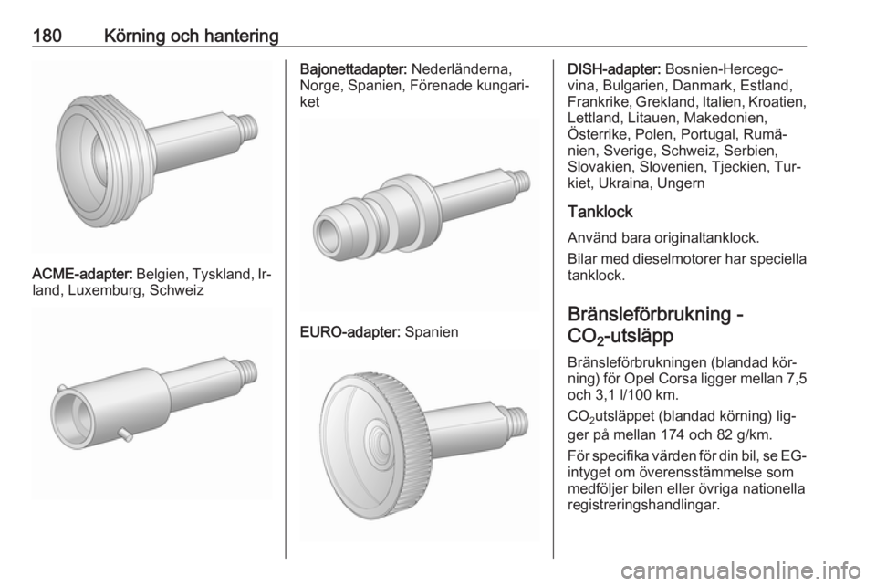 OPEL CORSA 2016 Instruktionsbok 180Körning och hantering
ACME-adapter: Belgien, Tyskland, Ir‐
land, Luxemburg, Schweiz
Bajonettadapter: Nederländerna,
Norge, Spanien, Förenade kungari‐
ket
EURO-adapter: Spanien
DISH-adapter OPEL CORSA 2016 Instruktionsbok 180Körning och hantering
ACME-adapter: Belgien, Tyskland, Ir‐
land, Luxemburg, Schweiz
Bajonettadapter: Nederländerna,
Norge, Spanien, Förenade kungari‐
ket
EURO-adapter: Spanien
DISH-adapter