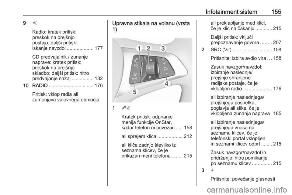 OPEL ASTRA K 2017.5 Uporabniški priročnik Infotainment sistem1559Y
Radio: kratek pritisk:
preskok na prejšnjo
postajo; daljši pritisk:
iskanje navzdol ...................177
CD predvajalnik / zunanje
naprave: kratek pritisk:
preskok na prej OPEL ASTRA K 2017.5 Uporabniški priročnik Infotainment sistem1559Y
Radio: kratek pritisk:
preskok na prejšnjo
postajo; daljši pritisk:
iskanje navzdol ...................177
CD predvajalnik / zunanje
naprave: kratek pritisk:
preskok na prej