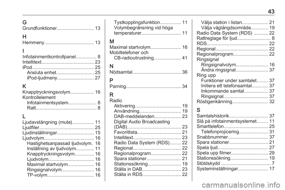 OPEL CORSA 2016.5  Handbok för infotainmentsystem 43GGrundfunktioner ............................ 13
H
Hemmeny ..................................... 13
I
Infotainmentkontrollpanel ...............8
Intellitext ....................................... 2