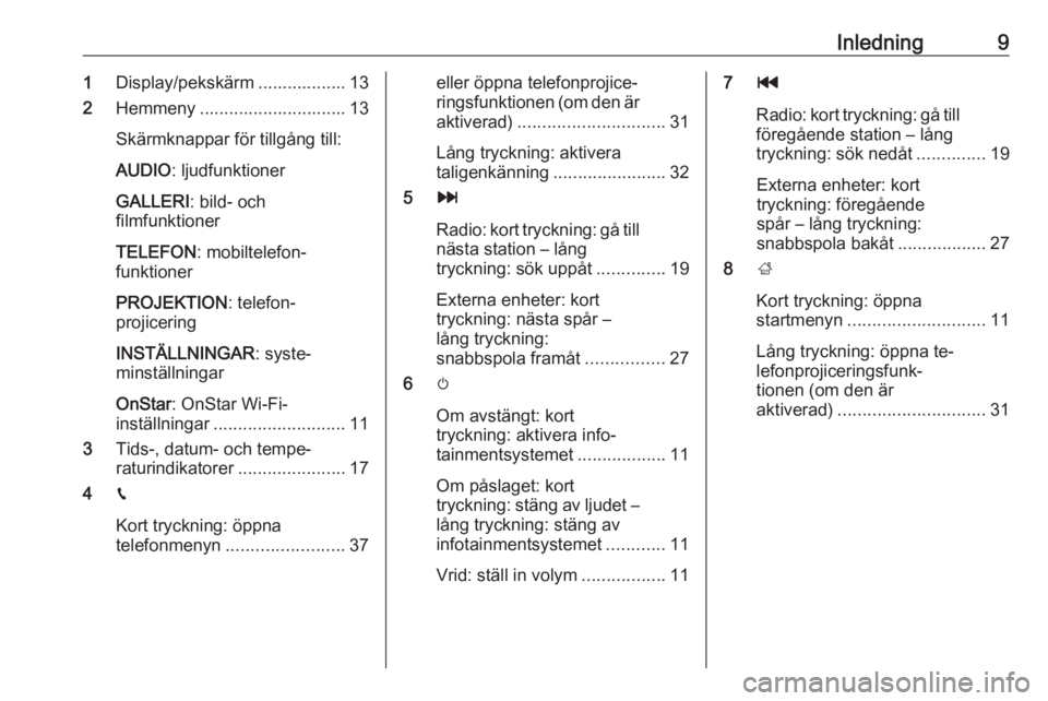 OPEL CORSA 2016.5  Handbok för infotainmentsystem Inledning91Display/pekskärm .................. 13
2 Hemmeny .............................. 13
Skärmknappar för tillgång till:
AUDIO : ljudfunktioner
GALLERI : bild- och
filmfunktioner
TELEFON : mo