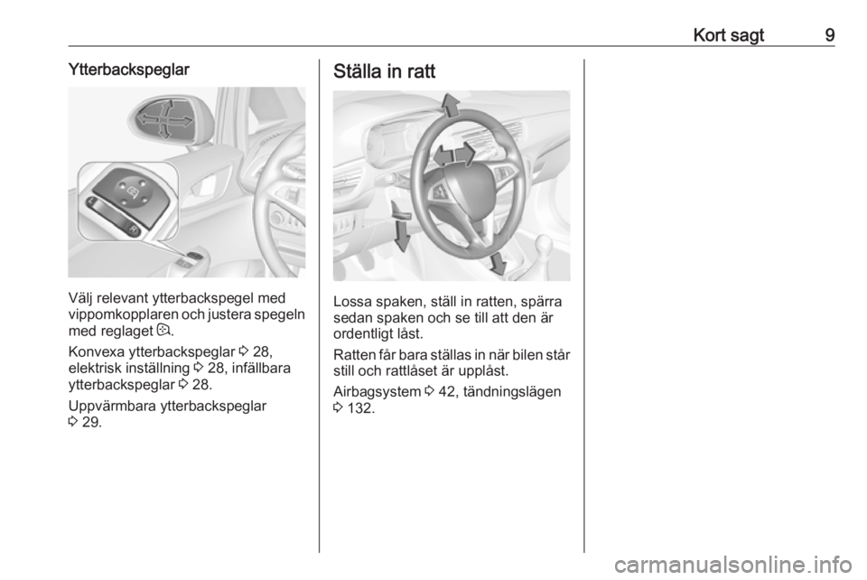 OPEL CORSA 2016.5  Instruktionsbok Kort sagt9Ytterbackspeglar
Välj relevant ytterbackspegel med
vippomkopplaren och justera spegeln
med reglaget  :.
Konvexa ytterbackspeglar  3 28,
elektrisk inställning  3 28, infällbara
ytterbacksp