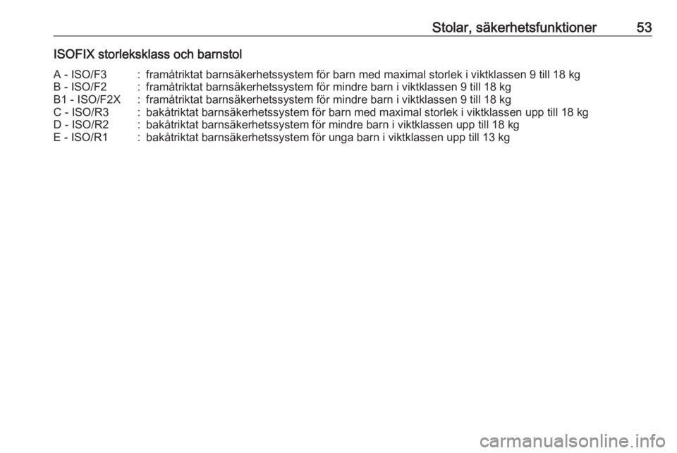 OPEL CORSA 2016.5  Instruktionsbok Stolar, säkerhetsfunktioner53ISOFIX storleksklass och barnstolA - ISO/F3:framåtriktat barnsäkerhetssystem för barn med maximal storlek i viktklassen 9 till 18 kgB - ISO/F2:framåtriktat barnsäker