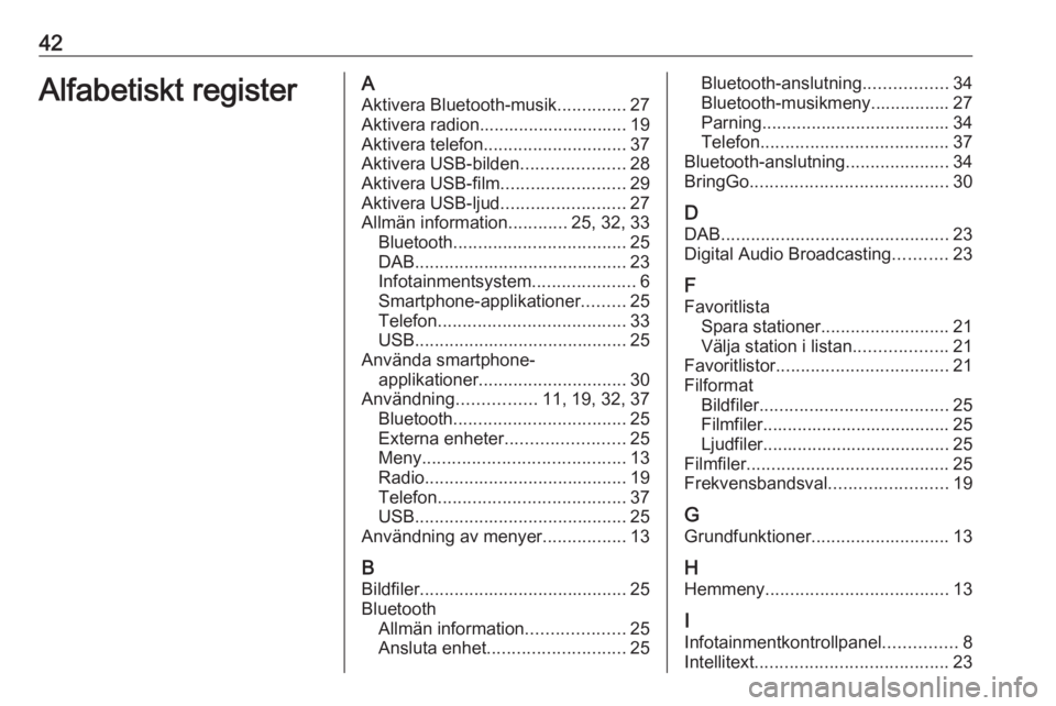 OPEL CORSA 2017 Handbok för infotainmentsystem 42Alfabetiskt registerAAktivera Bluetooth-musik ..............27
Aktivera radion.............................. 19
Aktivera telefon ............................. 37
Aktivera USB-bilden ................ OPEL CORSA 2017 Handbok för infotainmentsystem 42Alfabetiskt registerAAktivera Bluetooth-musik ..............27
Aktivera radion.............................. 19
Aktivera telefon ............................. 37
Aktivera USB-bilden ................