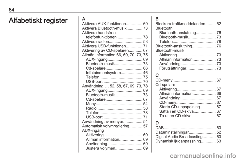 OPEL CORSA 2017  Handbok för infotainmentsystem 84Alfabetiskt registerAAktivera AUX-funktionen ..............69
Aktivera Bluetooth-musik ..............73
Aktivera handsfree- telefonfunktionen .......................78
Aktivera radion...............