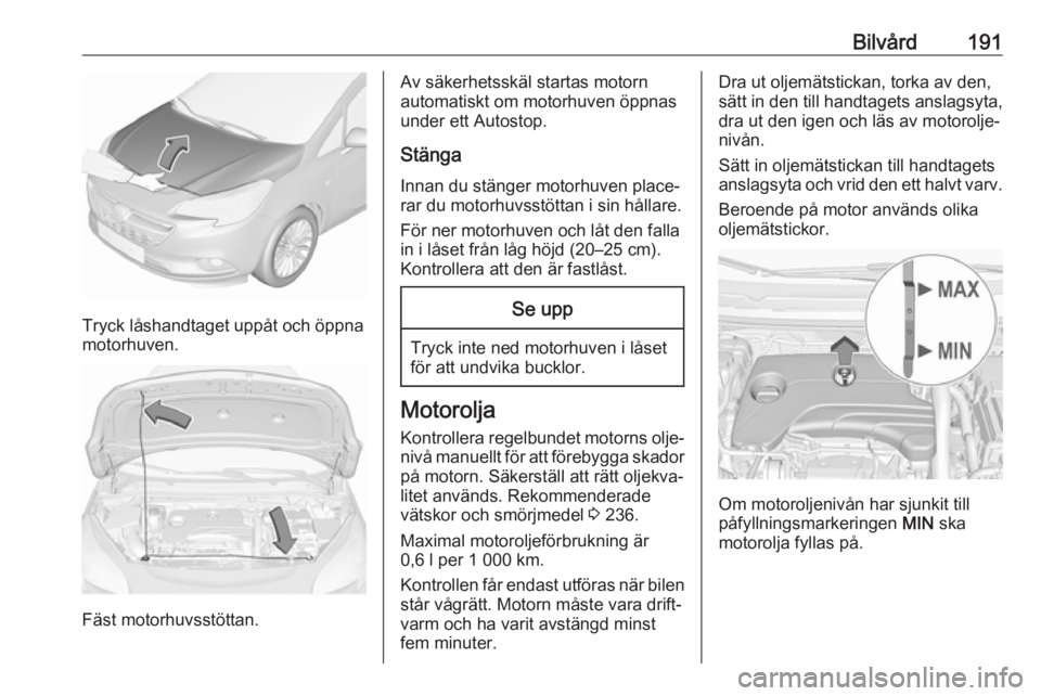 OPEL CORSA 2017 Instruktionsbok Bilvård191
Tryck låshandtaget uppåt och öppna
motorhuven.
Fäst motorhuvsstöttan.
Av säkerhetsskäl startas motorn
automatiskt om motorhuven öppnas
under ett Autostop.
Stänga Innan du stänger OPEL CORSA 2017 Instruktionsbok Bilvård191
Tryck låshandtaget uppåt och öppna
motorhuven.
Fäst motorhuvsstöttan.
Av säkerhetsskäl startas motorn
automatiskt om motorhuven öppnas
under ett Autostop.
Stänga Innan du stänger