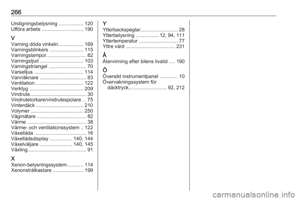 OPEL CORSA 2017 Instruktionsbok 266Urstigningsbelysning .................120
Utföra arbete .............................. 190
V Varning döda vinkeln ..................169
Varningsblinkers ........................115
Varningslampo OPEL CORSA 2017 Instruktionsbok 266Urstigningsbelysning .................120
Utföra arbete .............................. 190
V Varning döda vinkeln ..................169
Varningsblinkers ........................115
Varningslampo