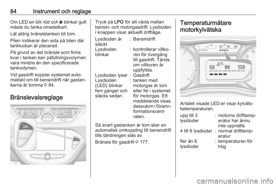 OPEL CORSA 2017 Instruktionsbok 84Instrument och reglageOm LED:en blir röd och Y blinkar gult
måste du tanka omedelbart.
Låt aldrig bränsletanken bli tom.
Pilen indikerar den sida på bilen där
tankluckan är placerad.
På grun OPEL CORSA 2017 Instruktionsbok 84Instrument och reglageOm LED:en blir röd och Y blinkar gult
måste du tanka omedelbart.
Låt aldrig bränsletanken bli tom.
Pilen indikerar den sida på bilen där
tankluckan är placerad.
På grun