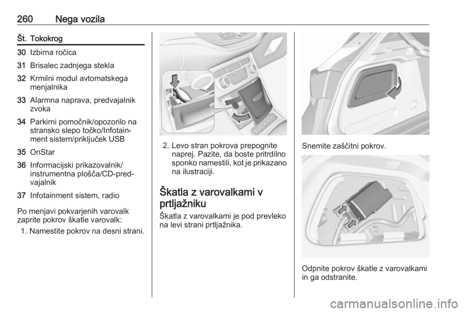 OPEL ASTRA K 2019 Uporabniški priročnik 260Nega vozilaŠt.Tokokrog30Izbirna ročica31Brisalec zadnjega stekla32Krmilni modul avtomatskega
menjalnika33Alarmna naprava, predvajalnik
zvoka34Parkirni pomočnik/opozorilo na
stransko slepo točko OPEL ASTRA K 2019 Uporabniški priročnik 260Nega vozilaŠt.Tokokrog30Izbirna ročica31Brisalec zadnjega stekla32Krmilni modul avtomatskega
menjalnika33Alarmna naprava, predvajalnik
zvoka34Parkirni pomočnik/opozorilo na
stransko slepo točko