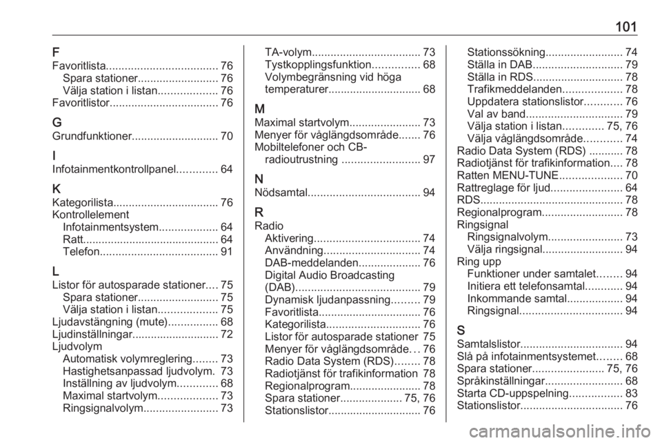 OPEL CORSA E 2018 Handbok för infotainmentsystem 101F
Favoritlista .................................... 76
Spara stationer .......................... 76
Välja station i listan ...................76
Favoritlistor ................................... OPEL CORSA E 2018 Handbok för infotainmentsystem 101F
Favoritlista .................................... 76
Spara stationer .......................... 76
Välja station i listan ...................76
Favoritlistor ...................................