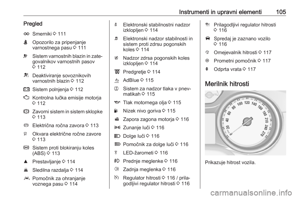 OPEL ASTRA K 2019.5  Uporabniški priročnik Instrumenti in upravni elementi105PregledOSmerniki 3 111XOpozorilo za pripenjanje
varnostnega pasu  3 111vSistem varnostnih blazin in zate‐
govalnikov varnostnih pasov
3  112VDeaktiviranje sovozniko
