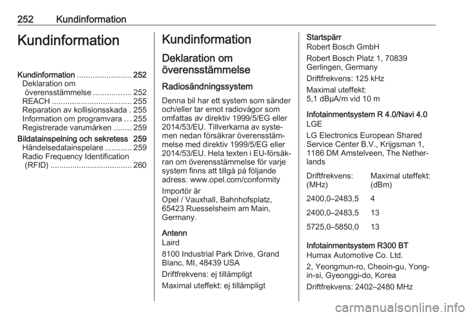 OPEL CORSA E 2018 Instruktionsbok 252KundinformationKundinformationKundinformation........................252
Deklaration om överensstämmelse .................252
REACH .................................... 255
Reparation av kollisio OPEL CORSA E 2018 Instruktionsbok 252KundinformationKundinformationKundinformation........................252
Deklaration om överensstämmelse .................252
REACH .................................... 255
Reparation av kollisio