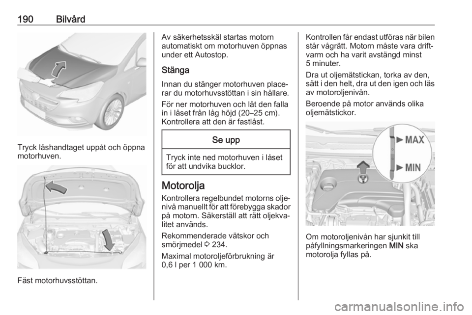 OPEL CORSA E 2018.5 Instruktionsbok 190Bilvård
Tryck låshandtaget uppåt och öppna
motorhuven.
Fäst motorhuvsstöttan.
Av säkerhetsskäl startas motorn
automatiskt om motorhuven öppnas
under ett Autostop.
Stänga Innan du stänger OPEL CORSA E 2018.5 Instruktionsbok 190Bilvård
Tryck låshandtaget uppåt och öppna
motorhuven.
Fäst motorhuvsstöttan.
Av säkerhetsskäl startas motorn
automatiskt om motorhuven öppnas
under ett Autostop.
Stänga Innan du stänger