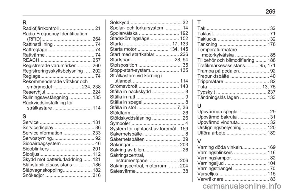 OPEL CORSA E 2018.5 Instruktionsbok 269RRadiofjärrkontroll .........................21
Radio Frequency Identification (RFID) ..................................... 264
Rattinställning .............................. 74
Rattreglage .. OPEL CORSA E 2018.5 Instruktionsbok 269RRadiofjärrkontroll .........................21
Radio Frequency Identification (RFID) ..................................... 264
Rattinställning .............................. 74
Rattreglage ..