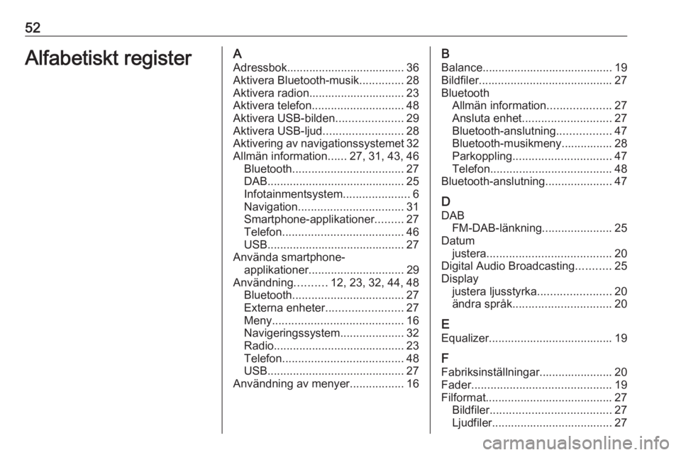 OPEL CORSA F 2020 Handbok för infotainmentsystem 52Alfabetiskt registerAAdressbok..................................... 36
Aktivera Bluetooth-musik ..............28
Aktivera radion.............................. 23
Aktivera telefon ................... OPEL CORSA F 2020 Handbok för infotainmentsystem 52Alfabetiskt registerAAdressbok..................................... 36
Aktivera Bluetooth-musik ..............28
Aktivera radion.............................. 23
Aktivera telefon ...................