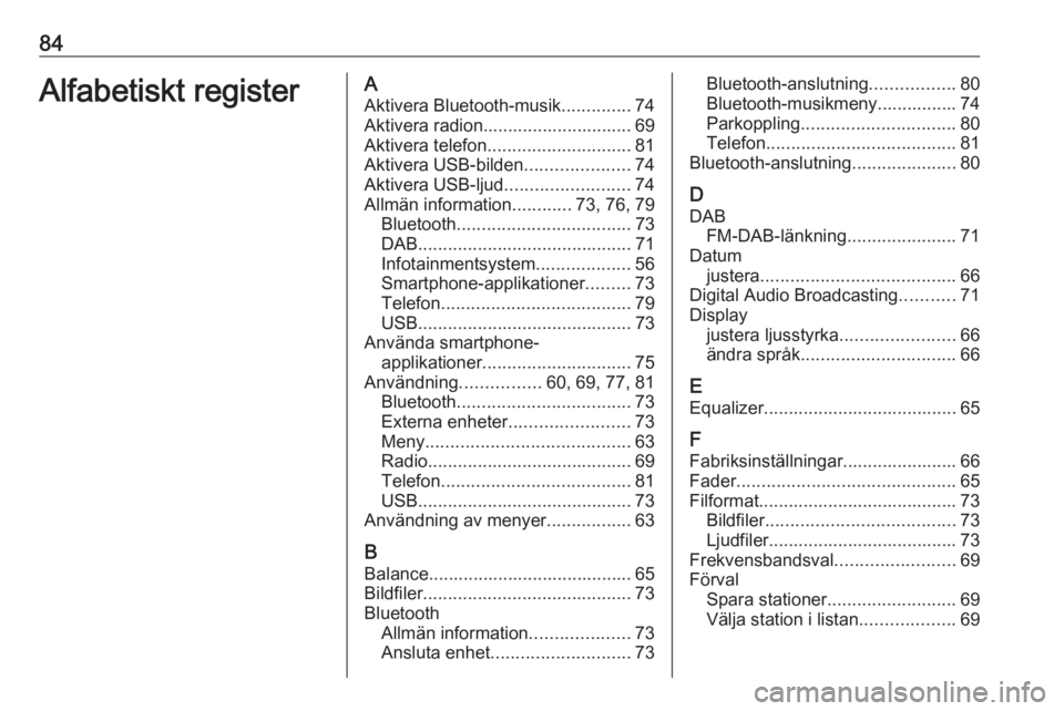 OPEL CORSA F 2020 Handbok för infotainmentsystem 84Alfabetiskt registerAAktivera Bluetooth-musik ..............74
Aktivera radion.............................. 69
Aktivera telefon ............................. 81
Aktivera USB-bilden ................ OPEL CORSA F 2020 Handbok för infotainmentsystem 84Alfabetiskt registerAAktivera Bluetooth-musik ..............74
Aktivera radion.............................. 69
Aktivera telefon ............................. 81
Aktivera USB-bilden ................