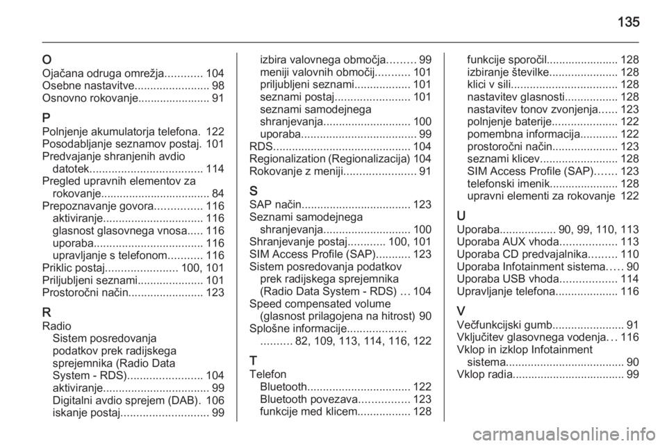 OPEL CASCADA 2014.5  Navodila za uporabo Infotainment sistema 135
O
Ojačana odruga omrežja ............104
Osebne nastavitve ........................98
Osnovno rokovanje....................... 91
P
Polnjenje akumulatorja telefona. 122
Posodabljanje seznamov po