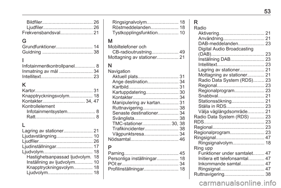 OPEL CROSSLAND X 2017.75 Handbok för infotainmentsystem 53Bildfiler...................................... 26
Ljudfiler...................................... 26
Frekvensbandsval ........................21
G
Grundfunktioner ............................ 14
Gu OPEL CROSSLAND X 2017.75 Handbok för infotainmentsystem 53Bildfiler...................................... 26
Ljudfiler...................................... 26
Frekvensbandsval ........................21
G
Grundfunktioner ............................ 14
Gu
